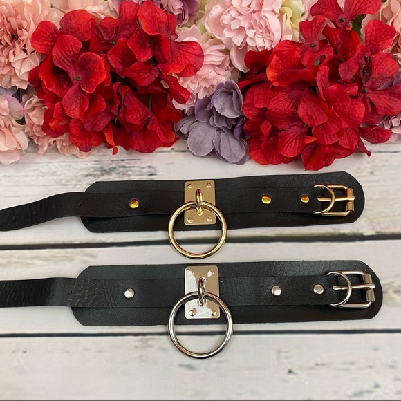 Punk Gothic Black Vegan Leather Metal Ring Bracelet - Picture 10 of 16